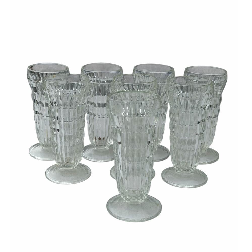 Vintage Footed Parfait Soda Fountain Glasses Set of 8 Ribbed Clear Glass